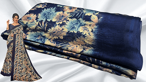 Black Rangoli Floral Saree - Navy