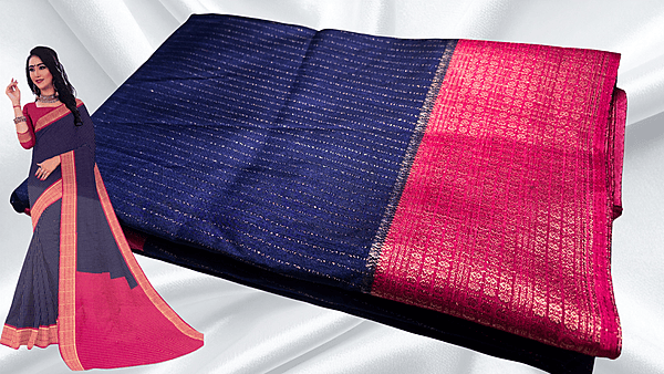Rivaa Vaira Oosi jari Silk Saree - Navy & Pink