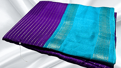 Falgunai Fancy Gold Line Saree - Violet & Turquoise