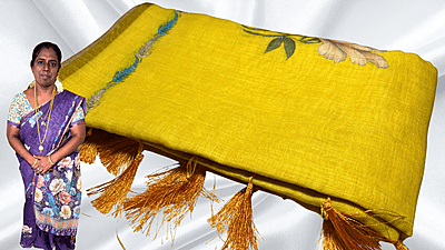 Sindoor Linen Cotton Floral Saree - Yellow Sindoor Linen Cotton Floral Saree - Yellow