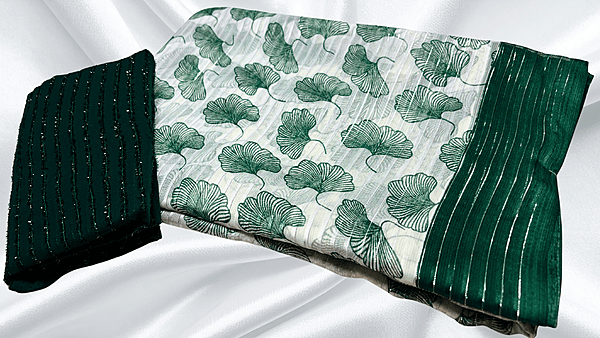 Love Heart White Soft Saree - Dark Green