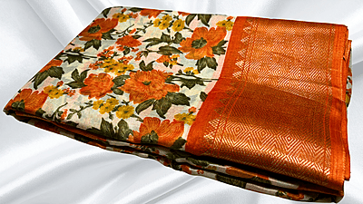Dola Digital Jari Floral Saree - Orange Dola Digital Jari Floral Saree - Orange