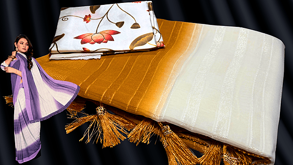 Saramita White Chiffon Silver Line Saree - Mustard