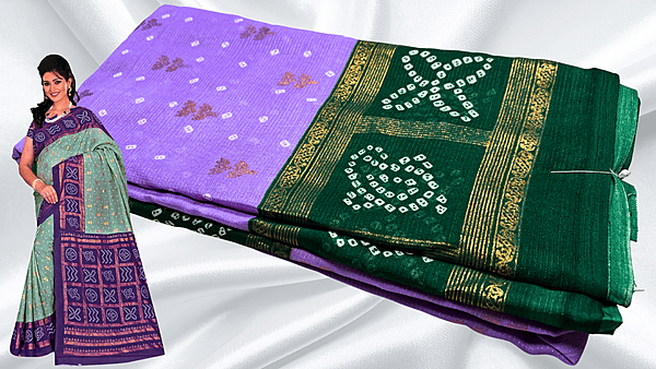 Bandhani Gold Foil Print Saree - Lavendar