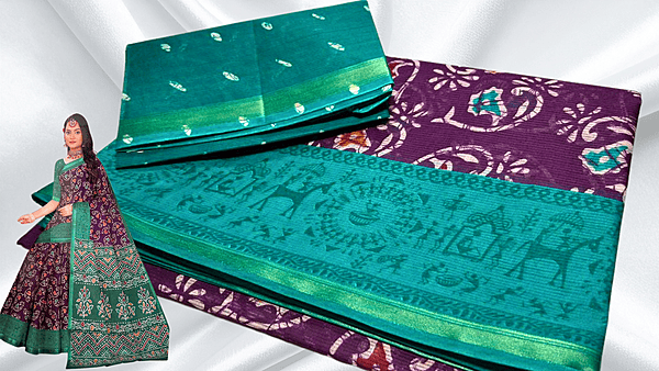 Golden Border Pure Cotton Saree - Violet & Bottle Green