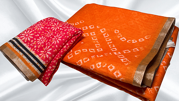 Digital Zalar Cotton Linen Saree - Orange