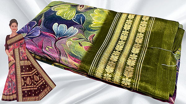 Gold Coin Viscose Digital Floral Foil Saree - Moss Green