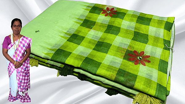 Soft Checks Mirror Work Saree - Green