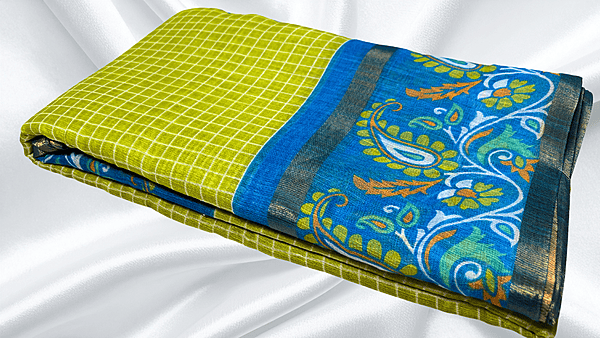 Bentex Cotton Digital Checks Saree - Leaf Green & Blue