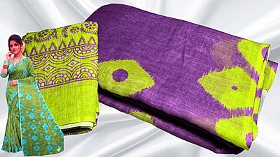 Shibori Cotton Diamond Dye Saree - Purple & Lime Green
