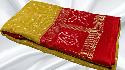 Summer Cool Gold Foil Saree - Mustard & Red