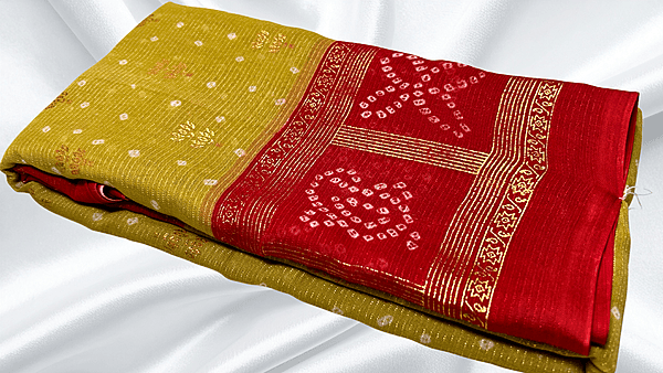 Summer Cool Gold Foil Saree - Mustard & Red