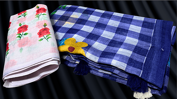 Linen White Chex Saree - Royal Blue