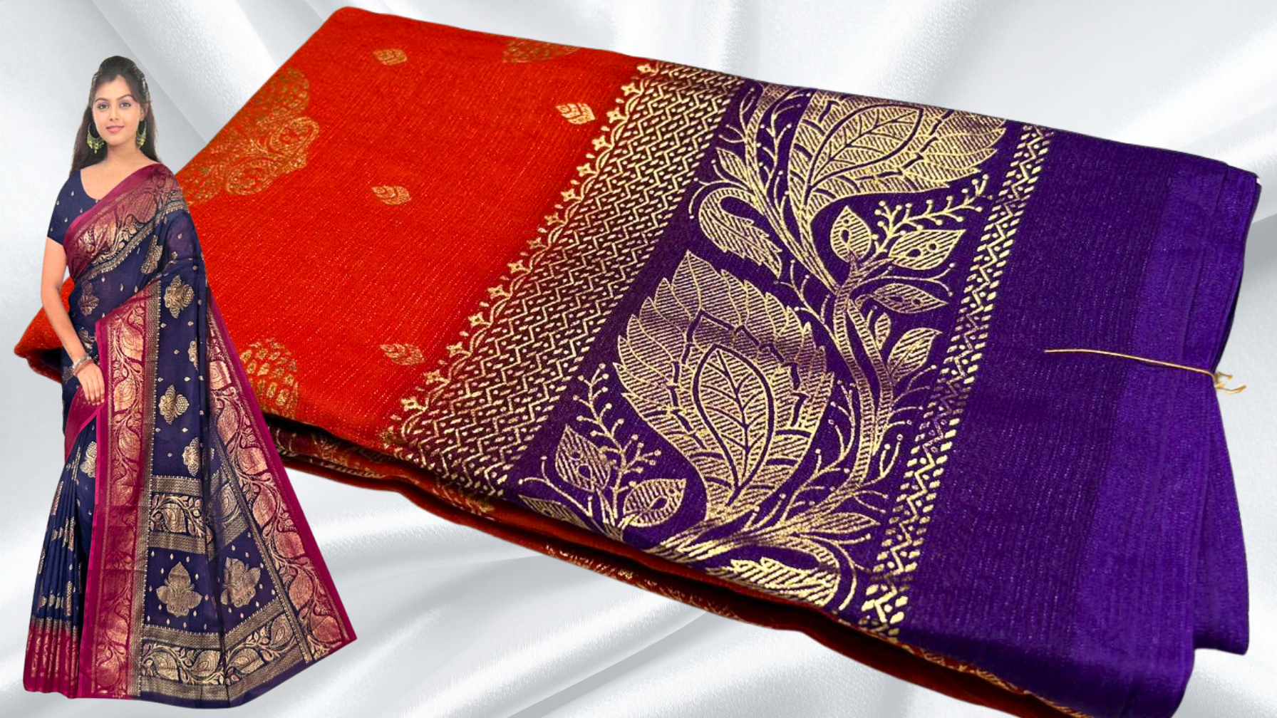 Bhumika Gold Foil Leaf Saree - Orange & Violet Bhumika Gold Foil Leaf Saree - Orange & Violet