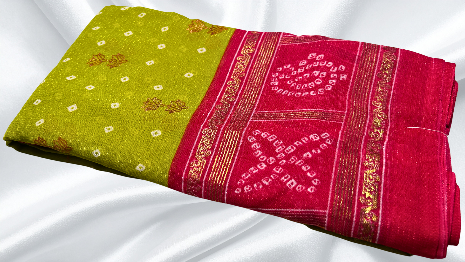 Sharlimi Soft Gold Foil Saree - Moss Green & Red Pink