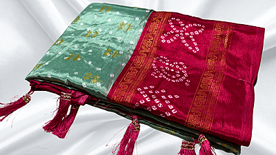 Kora Soft Butter Gold Foil Saree - Cream Green & Red Kora Soft Butter Gold Foil Saree - Cream Green & Red