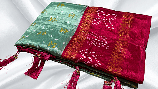 Kora Soft Butter Gold Foil Saree - Cream Green & Red