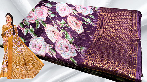 Kangan Soft Jari Floral Dola Saree - Dark Plum
