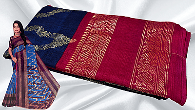 Madhubala Necklace Gold Foil Saree - Dark Blue & Rose Madhubala Necklace Gold Foil Saree - Dark Blue & Rose