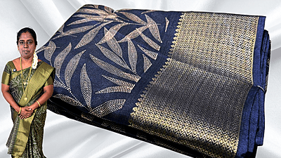 Black Beauty Leaf Gold Saree - Navy Blue