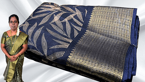 Black Beauty Leaf Gold Saree - Navy Blue