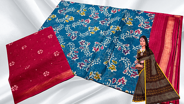 Batik Jari Pure Cotton Saree - Blue & Red Pink