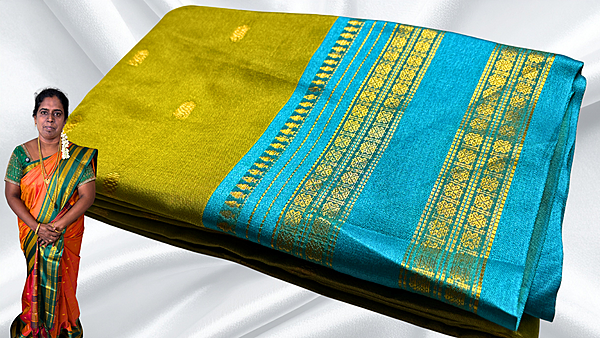 Retta Patta Kanchi Silk Saree - Leaf Green & Turquoise