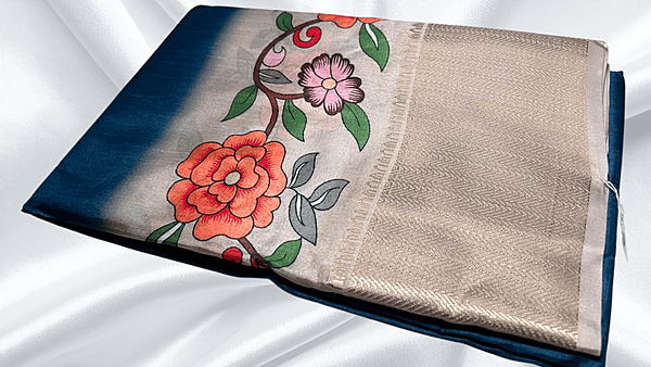 Soft Jequard Silk Floral Saree - Dark Aqua & Cream