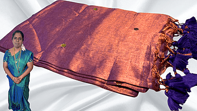 Khadi Tissue Mirror Work Saree - Peach Gold
