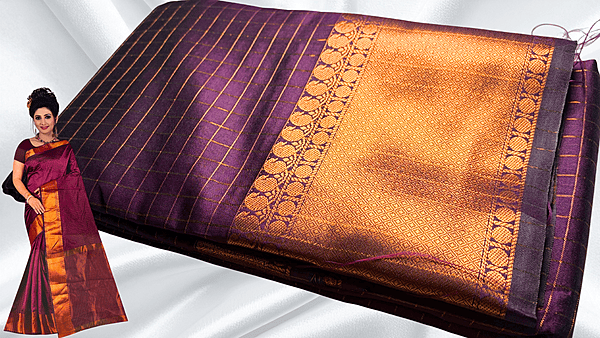 Fancy Sun Rise Copper Jari Saree - Dark Plum
