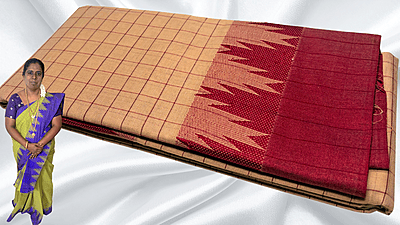 Pure Chettinadu Cotton Temple Checks Saree - Cream & Red