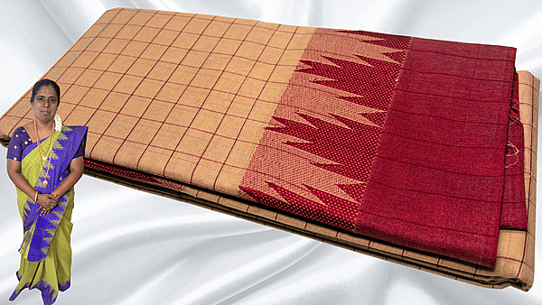 Pure Chettinadu Cotton Temple Checks Saree - Cream & Red