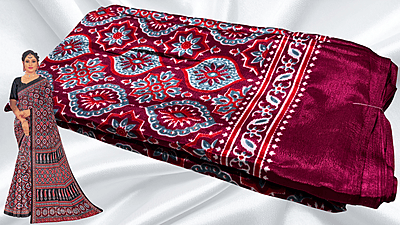 Crape Silk Ajrakh Pattern Saree - Magenta Crape Silk Ajrakh Pattern Saree - Magenta