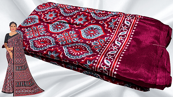 Crape Silk Ajrakh Pattern Saree - Magenta