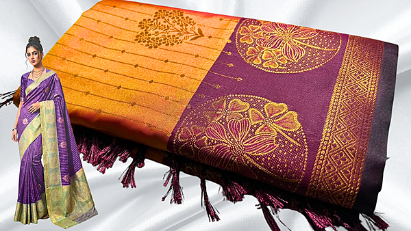 Florida Function Wear Silk Saree - Gold Orange & Plum