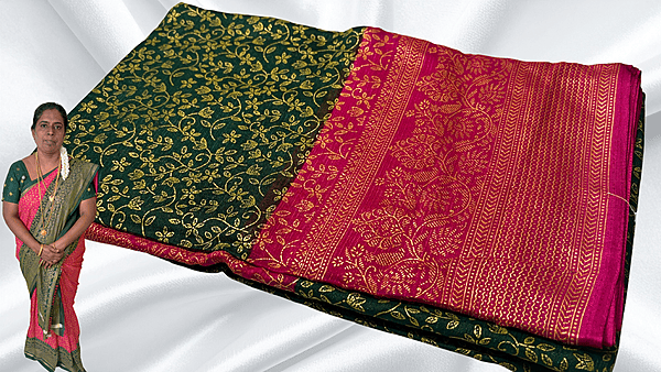 Good Day Gold Foil Vines Saree - Dark Green