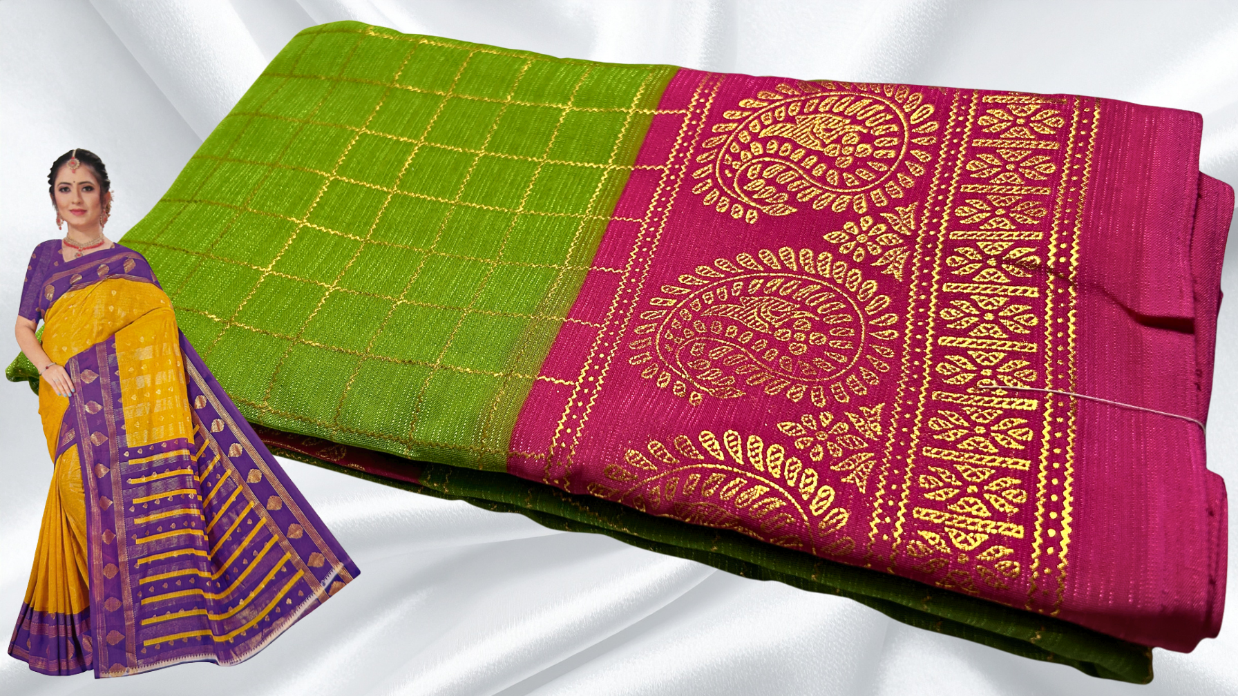 Mayurika Gold Foil Soft Saree - Parrot Green & Pink Mayurika Gold Foil Soft Saree - Parrot Green & Pink