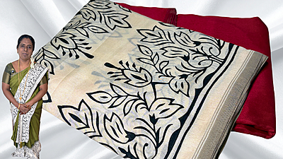 Sandal Border Black Flower Saree - Maroon Sandal Border Black Flower Saree - Maroon