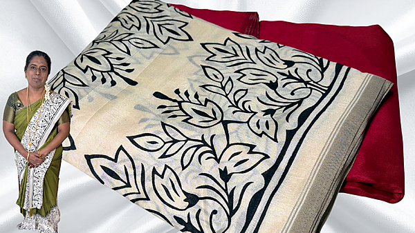 Sandal Border Black Flower Saree - Maroon