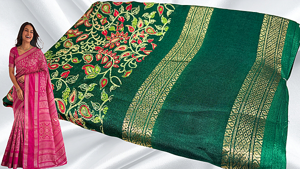 Deepti Retta Patta Floral Silk Saree - Pine Green