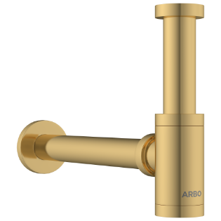 AC-GG-36 Brass Round Bottle Trap With Long Wall Connection Pipe & Wall Flange (Gold)