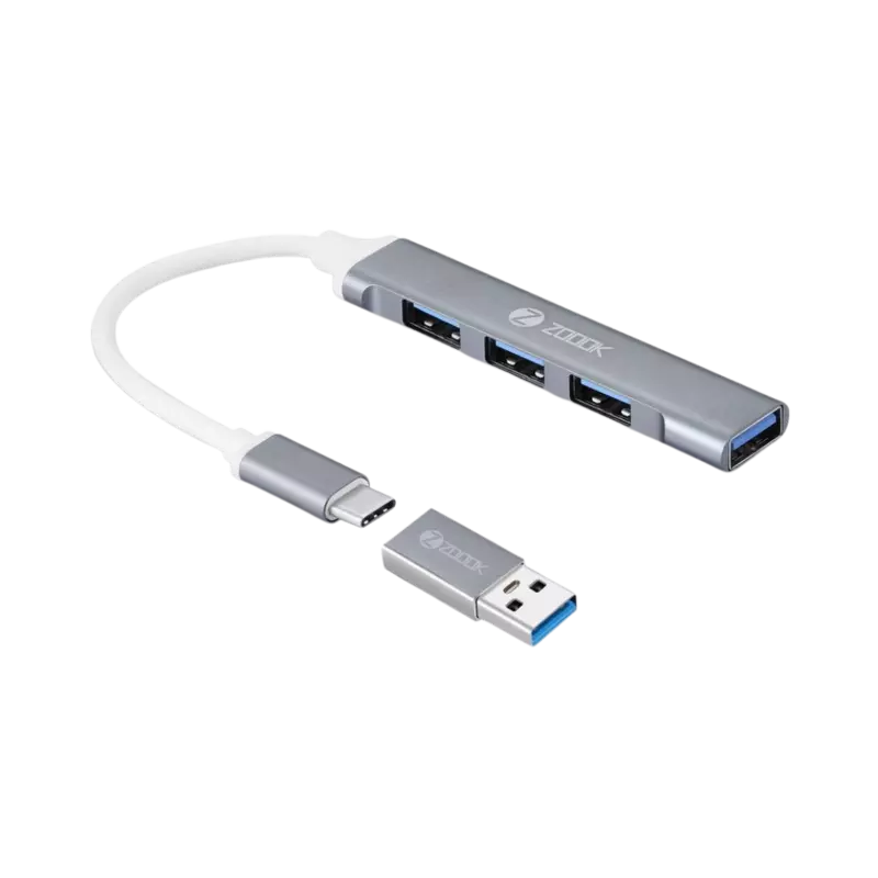 Zoook Type c to USB 3.0 hub/4 port/1 USB 3.0 port/3 USB 2.0 port/Free usb convertor/ iU43 USB Hub (Grey)