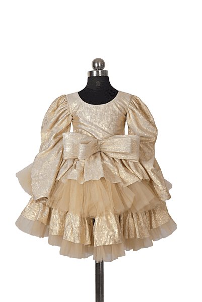 Golden Bow & Ruffle Puff Sleeve Dress