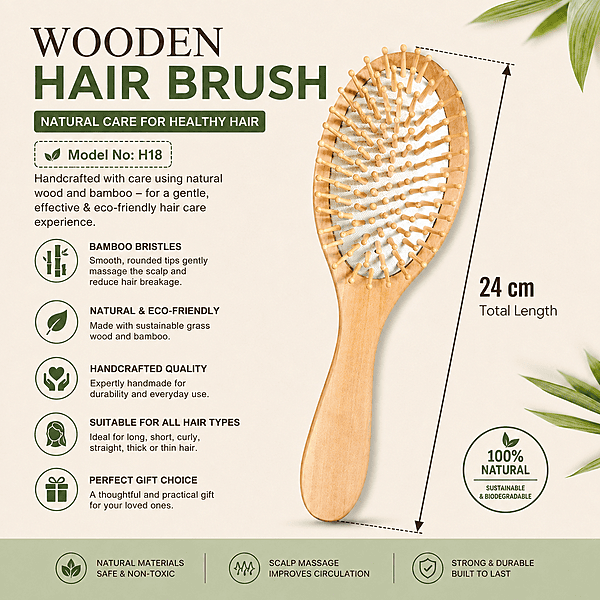 H18 OVAL SHAPE WOODEN HAIR BRUSH, LARGE