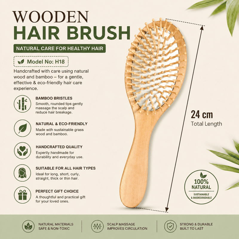 H18 OVAL SHAPE WOODEN HAIR BRUSH, LARGE