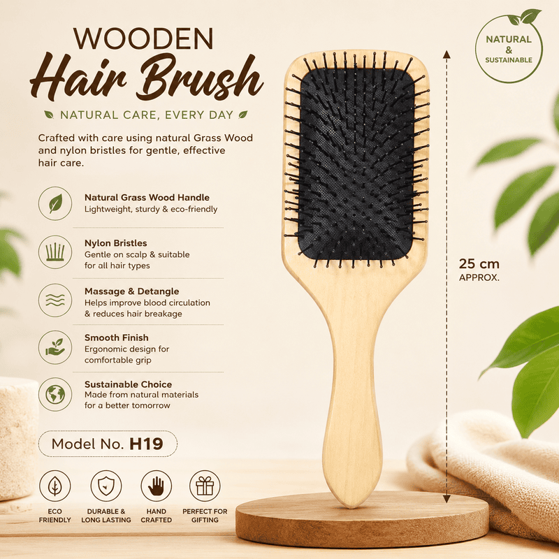 H19 WOODEN HAIR BRUSH WITH NYLON BRISTLES, RECTANGULAR, LARGE
