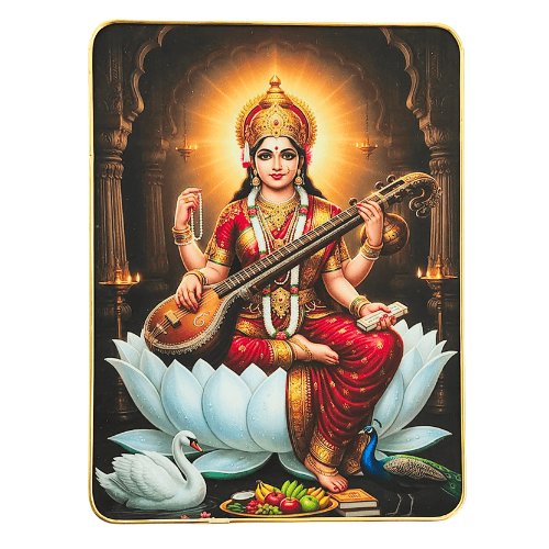 Divine Saraswati Mata  – Golden Framed Art for Study & Home Mandir