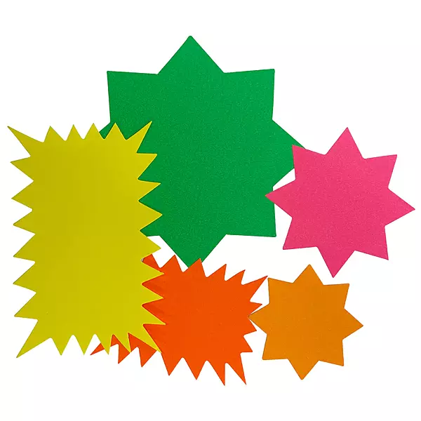 Pack of 50 Assorted Coloured Neon Fluorescent Stars & Flashes in Assorted Size