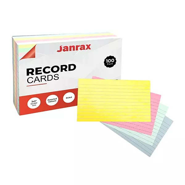 Pack of 100 Assorted Colour Ruled 5x3" Record Cards â€“ Lined Study Index Cards for Notes, Revision