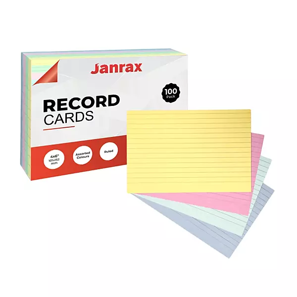 Pack of 100 Assorted Colour Ruled 6x4" Record Cards â€“ Lined Study Index Cards for Notes, Revision